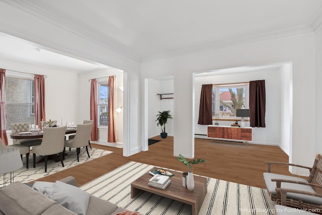 living area featuring crown molding, plenty of natural light, wood finished floors, and baseboards