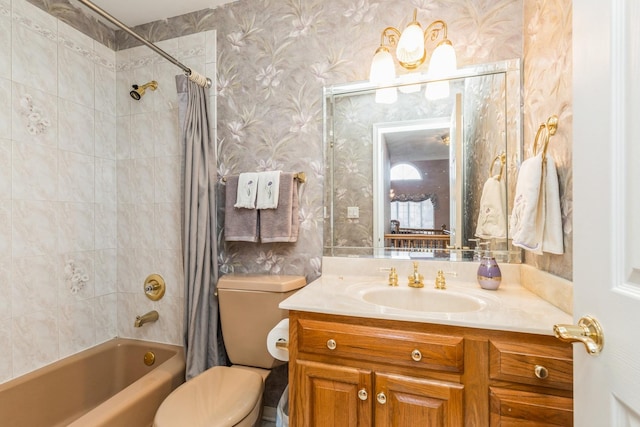 full bathroom with toilet, vanity, wallpapered walls, and shower / bath combo with shower curtain