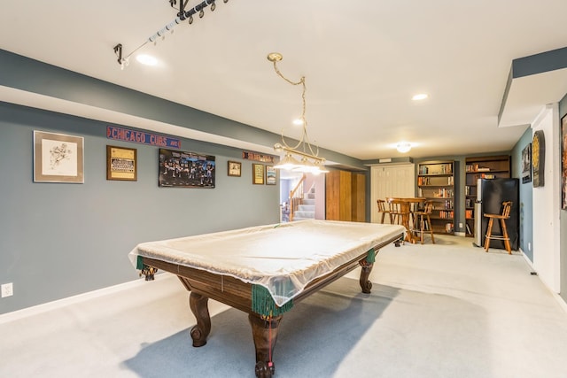 game room with billiards, carpet flooring, and baseboards