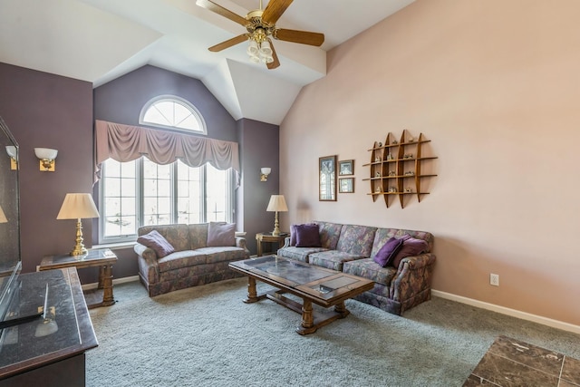 living area with a healthy amount of sunlight, baseboards, a ceiling fan, and carpet floors