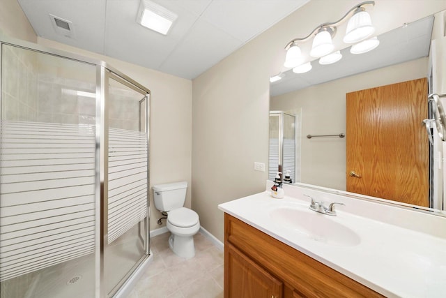 full bath featuring vanity, visible vents, a shower stall, tile patterned floors, and toilet