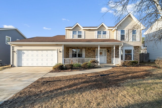 view of front of property featuring concrete driveway, an attached garage, brick siding, and covered porch