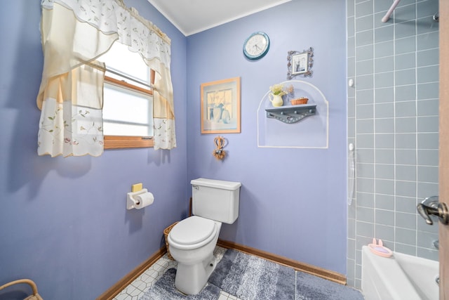 full bath with shower / bathing tub combination, toilet, baseboards, and tile patterned floors