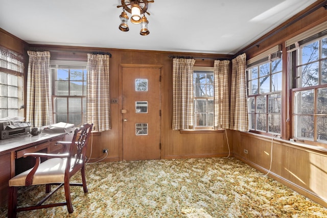 dining room featuring wooden walls and carpet floors