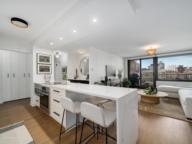 kitchen featuring open floor plan, light wood-type flooring, light countertops, stainless steel appliances, and a view of city