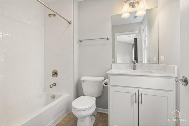 full bathroom featuring toilet, vanity, shower / bathtub combination, and baseboards