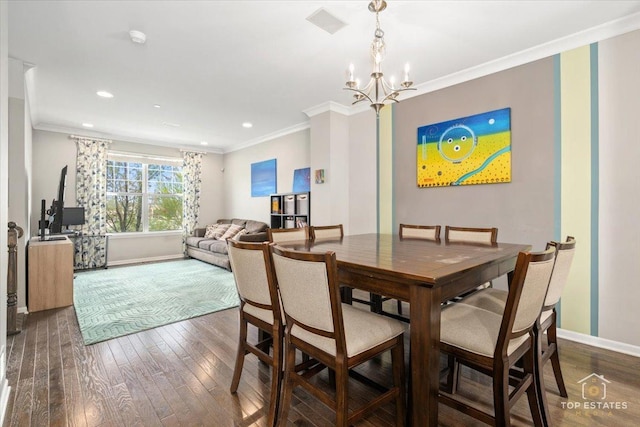 103 Lexington Ln, Rolling Meadows, IL 60008 - dining space with baseboards, a chandelier, ornamental molding, wood finished floors, and recessed lighting