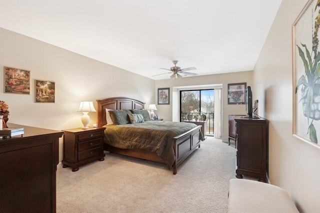 bedroom with light carpet, a ceiling fan, and access to outside