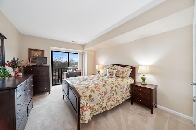 bedroom featuring baseboards, light carpet, visible vents, and access to exterior