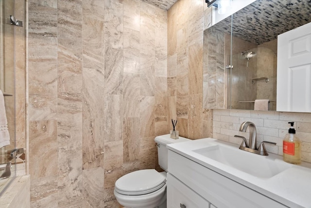 871 Woodcrest Ln, Lemont, IL 60439 - bathroom with tile walls, backsplash, vanity, toilet, and a tile shower