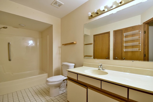 bathroom featuring tile patterned floors, visible vents, toilet, tub / shower combination, and vanity