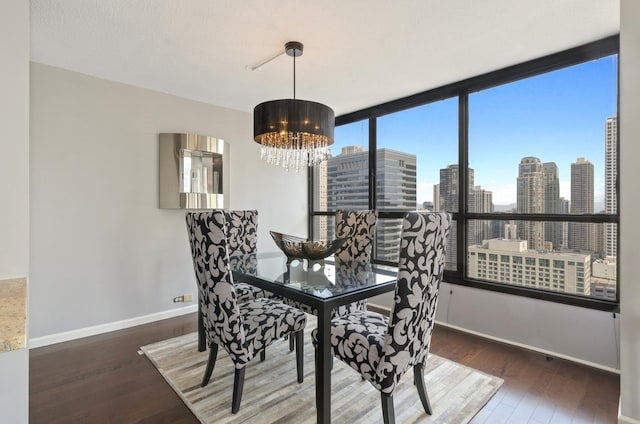 dining space featuring a chandelier, baseboards, wood finished floors, and a view of city