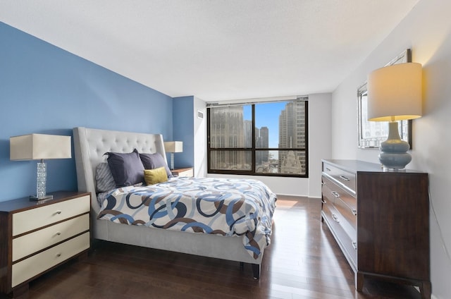 bedroom with dark wood finished floors and a city view