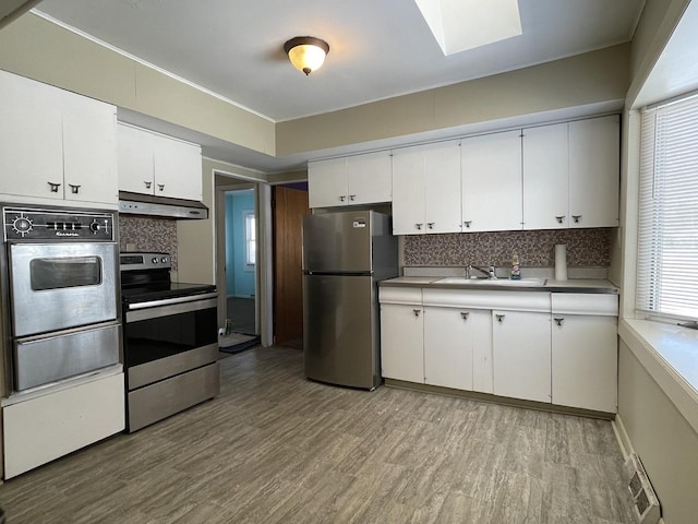 kitchen with under cabinet range hood, a sink, light wood-style floors, appliances with stainless steel finishes, and light countertops