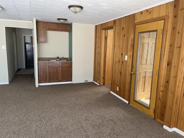 interior space featuring wood walls, dark carpet, and a sink