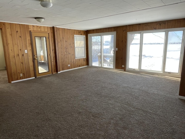 empty room with baseboards, carpet, and wooden walls