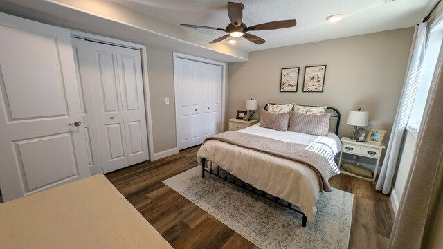1617 Oliger Dr, Mahomet, IL 61853 - bedroom featuring baseboards, dark wood-type flooring, two closets, and a ceiling fan