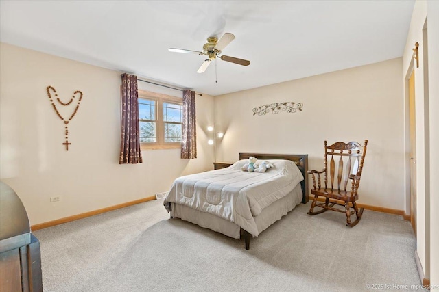 bedroom with baseboards, carpet floors, and ceiling fan