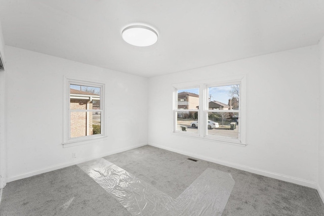 carpeted empty room with a healthy amount of sunlight and baseboards