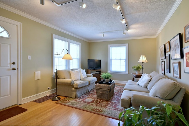 living area with a textured ceiling, wood finished floors, baseboards, and ornamental molding