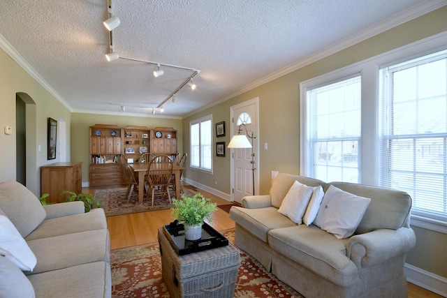 living area featuring wood finished floors, a healthy amount of sunlight, arched walkways, and ornamental molding