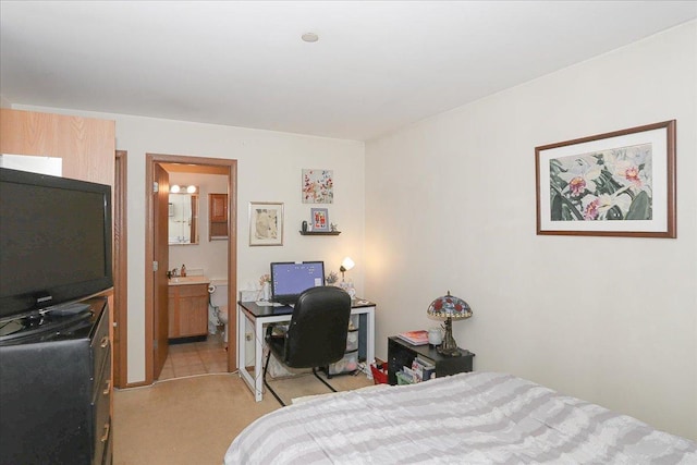 bedroom featuring light carpet