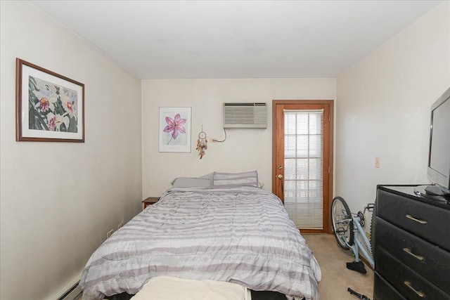 bedroom with light colored carpet and a wall mounted air conditioner