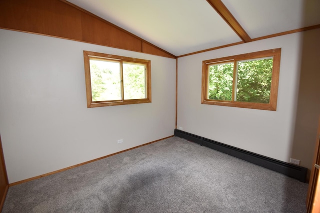 carpeted empty room with a wealth of natural light, baseboards, lofted ceiling, and baseboard heating