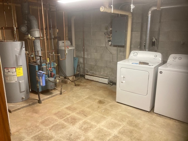 washroom featuring concrete block wall, washing machine and clothes dryer, laundry area, electric panel, and water heater