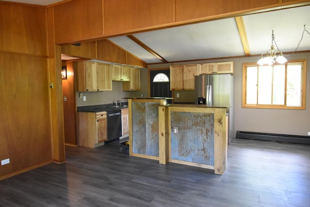 kitchen with dark wood finished floors, a notable chandelier, dishwasher, and a baseboard radiator