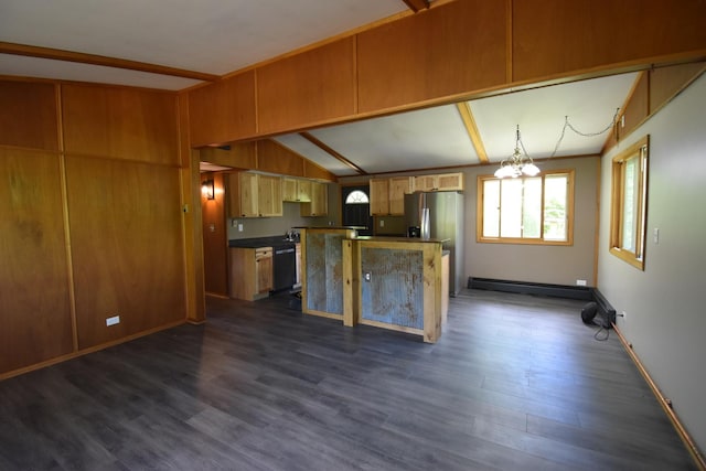 kitchen featuring stainless steel fridge with ice dispenser, dark wood-type flooring, vaulted ceiling, black dishwasher, and a baseboard heating unit