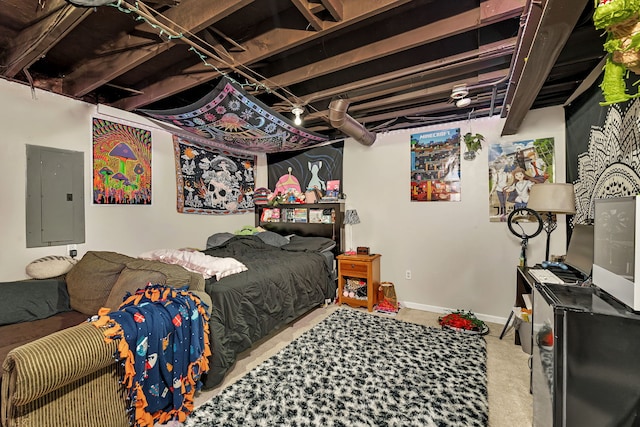 bedroom featuring electric panel, carpet, and baseboards