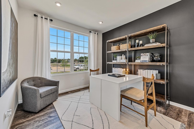 office area featuring recessed lighting, baseboards, and light wood-style floors