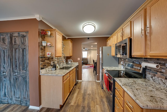 kitchen with wood finished floors, a sink, stainless steel appliances, crown molding, and tasteful backsplash