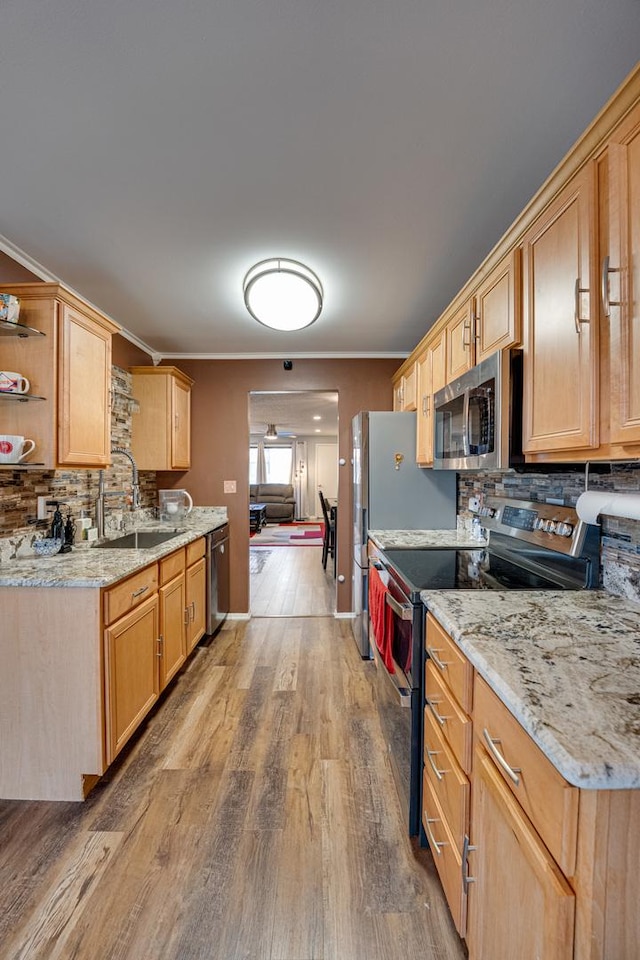 kitchen featuring a sink, ornamental molding, tasteful backsplash, and stainless steel appliances