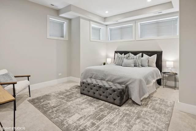 bedroom with carpet, recessed lighting, baseboards, and visible vents