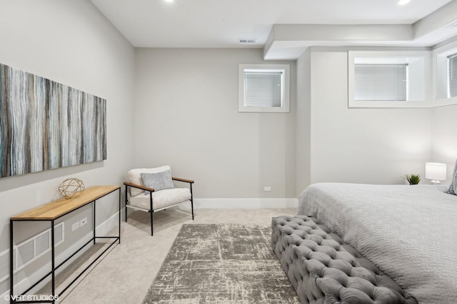 bedroom featuring recessed lighting, baseboards, carpet floors, and visible vents