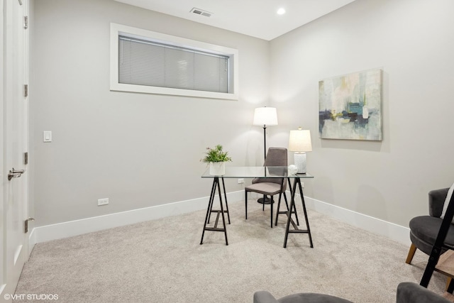 office area with recessed lighting, visible vents, baseboards, and carpet flooring