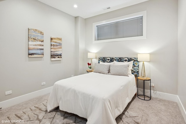 carpeted bedroom featuring visible vents, recessed lighting, and baseboards