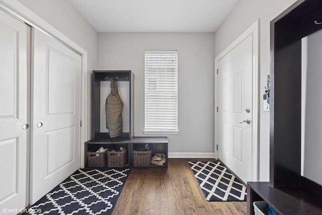 mudroom featuring a healthy amount of sunlight, baseboards, and wood finished floors