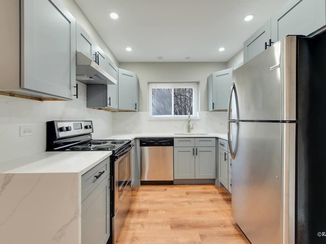 kitchen with tasteful backsplash, under cabinet range hood, appliances with stainless steel finishes, light wood-style floors, and a sink