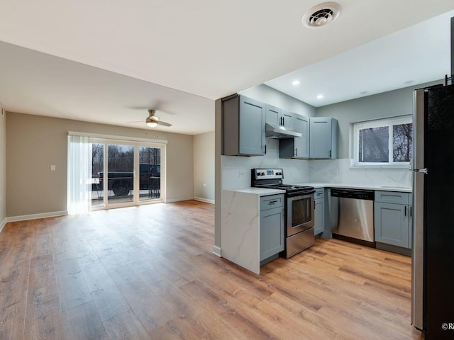 kitchen with tasteful backsplash, gray cabinetry, under cabinet range hood, open floor plan, and stainless steel appliances