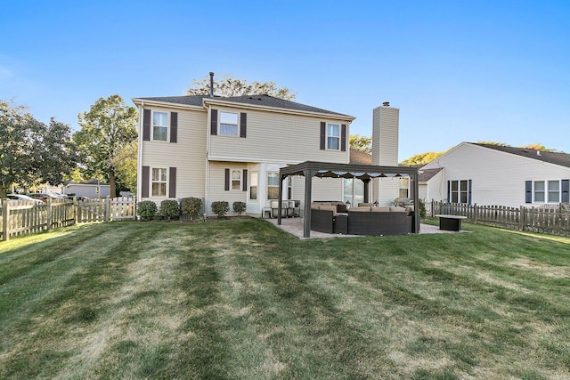 back of property featuring an outdoor living space, a patio area, a lawn, and a fenced backyard