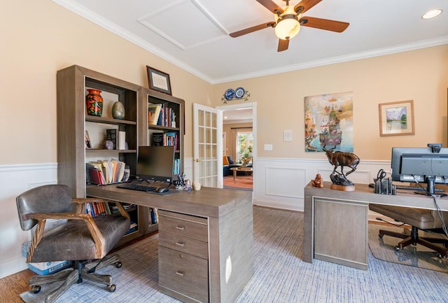 office space with ceiling fan, crown molding, french doors, and wainscoting