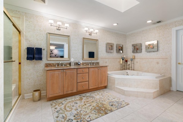 bathroom with wallpapered walls, crown molding, a garden tub, tile patterned floors, and a sink