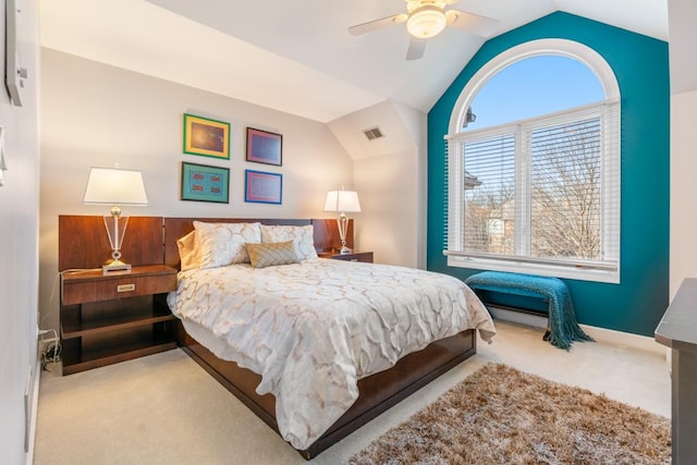 carpeted bedroom with visible vents, baseboards, lofted ceiling, baseboard heating, and a ceiling fan