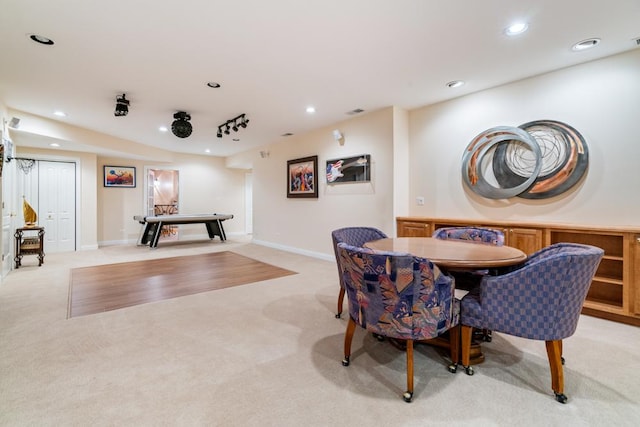 dining area featuring recessed lighting, light colored carpet, and baseboards