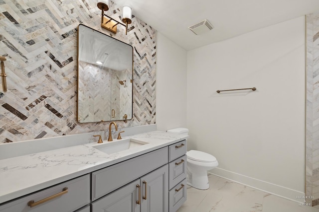 full bathroom with baseboards, visible vents, a shower stall, toilet, and marble finish floor