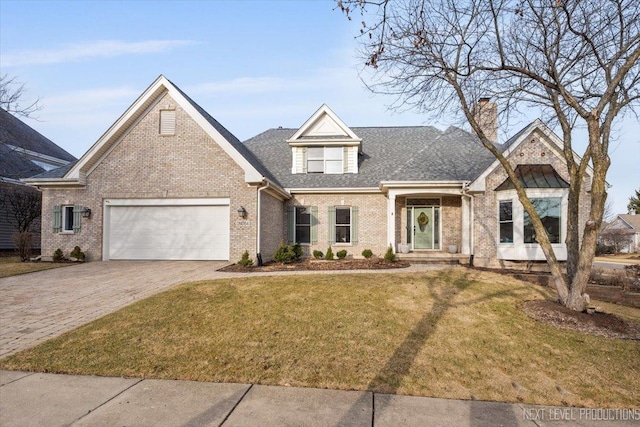 view of front of house with brick siding, an attached garage, a front lawn, a chimney, and driveway