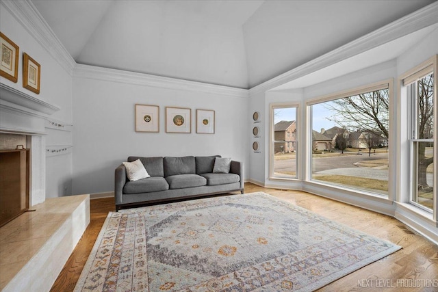 living room with baseboards, high vaulted ceiling, and wood finished floors